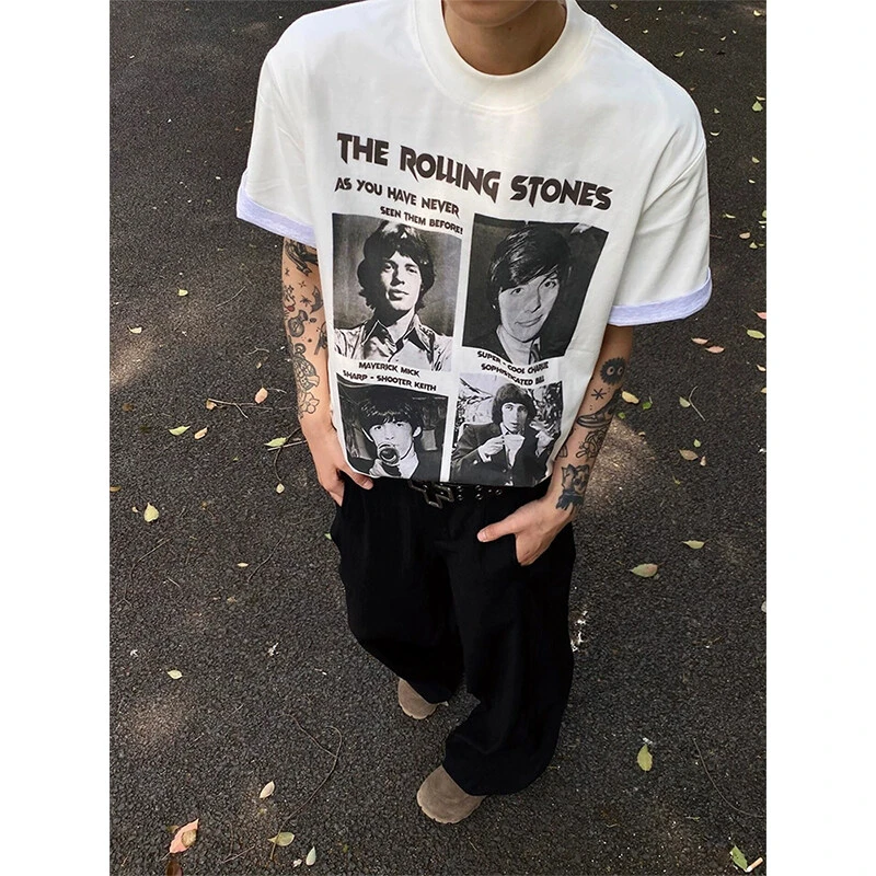 滚石乐队印花正肩短袖T恤男款夏季美式复古重磅纯棉圆领半袖上衣