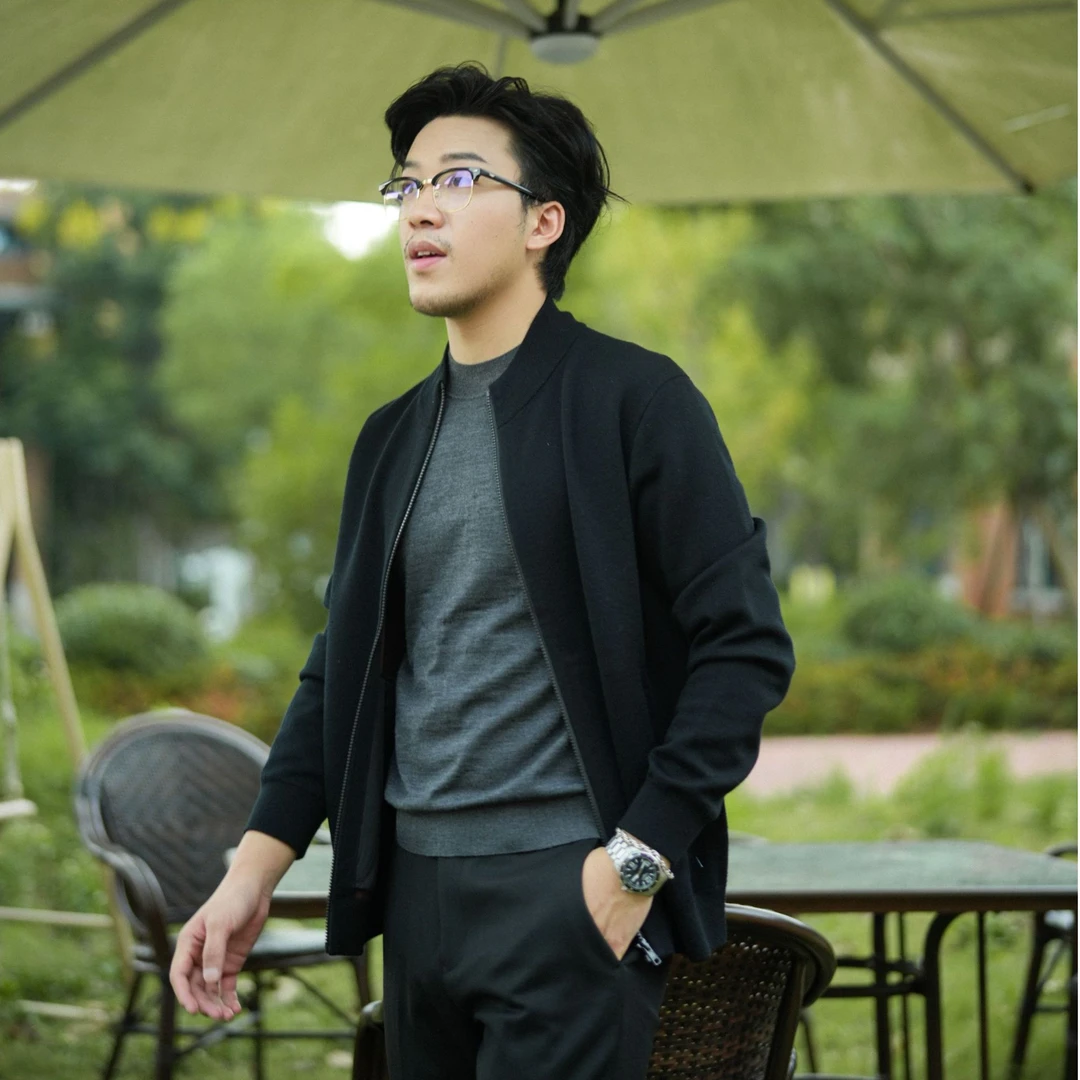秋冬新款100%绵羊毛立领夹克长袖商务休闲时尚男士针织拉链外套