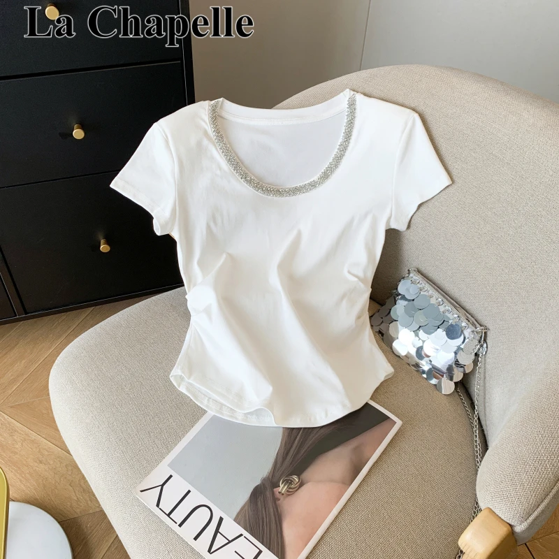 拉夏贝尔女夏新款百搭休闲短袖上衣小众圆领洋气褶皱收腰辣妹T恤