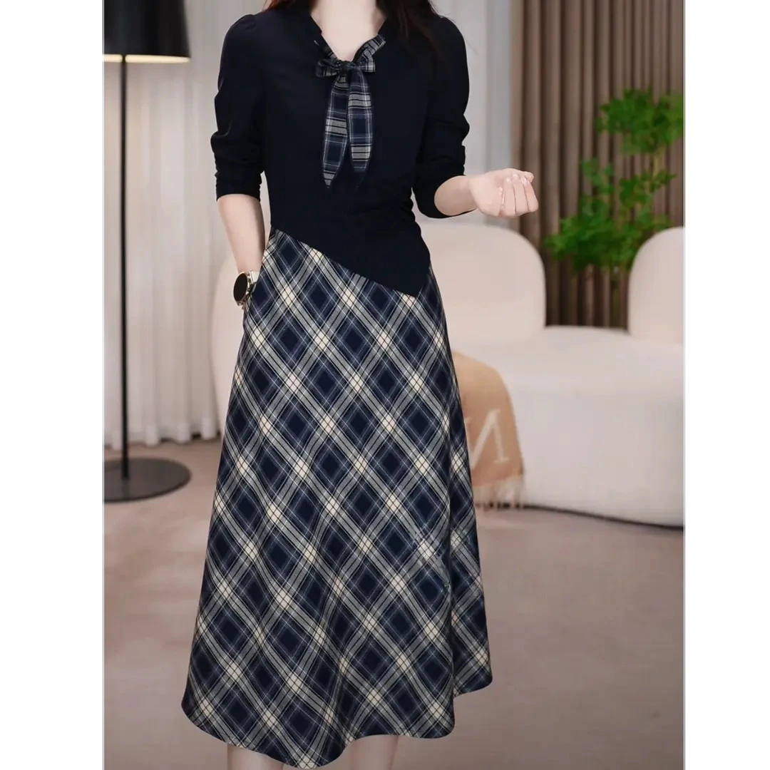 沐沐衣品显瘦气质长袖格纹时尚春秋显瘦洋气气质长袖时尚连衣裙