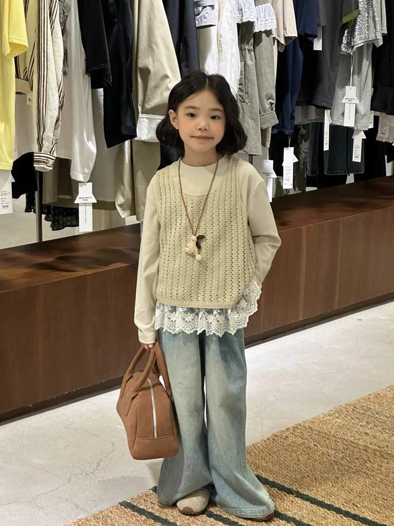 韩版女童针织马甲两件套秋季2025新款儿童春装洋气蓝色磨白牛仔裤