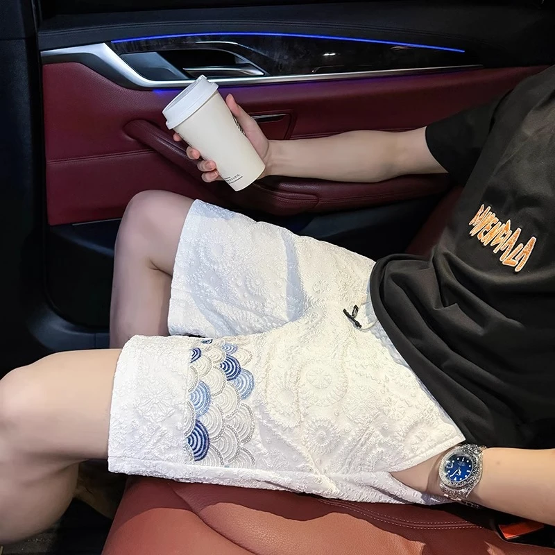 国风短裤男休闲宽松白色刺绣五分裤潮牌中裤子2025新款夏季大裤衩