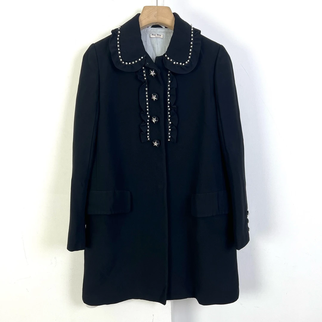 95新 MIU MIU/缪缪 42码/黑色钉珠设计大衣外套/11303