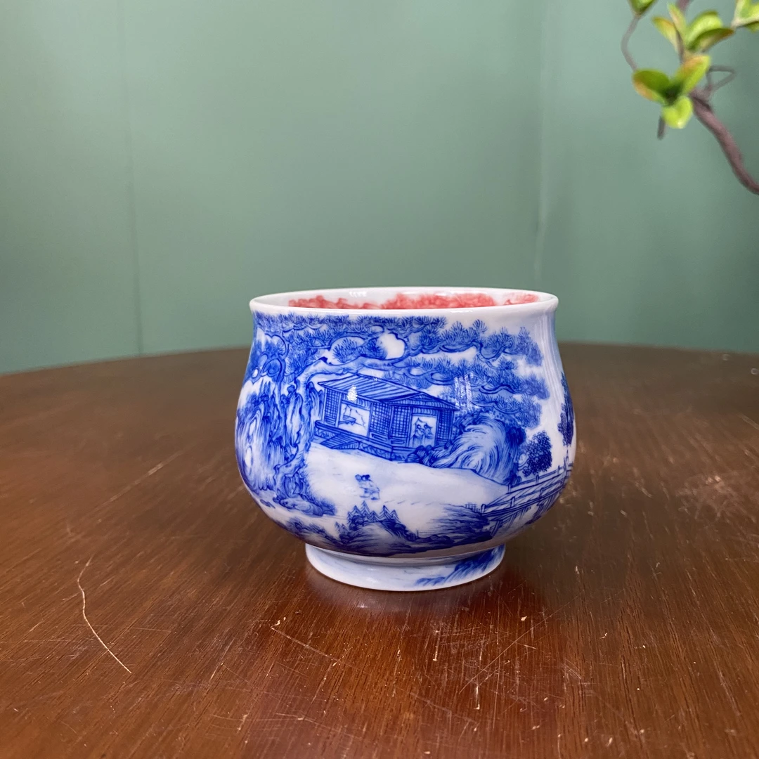 【九茗珍藏】青花釉下红山水高炉式杯 景德镇纯手工手绘茶器茶具