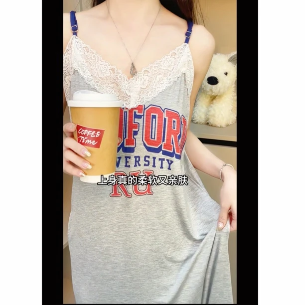 气质新款蕾丝吊带睡裙带胸垫甜美家居服女夏季宽松