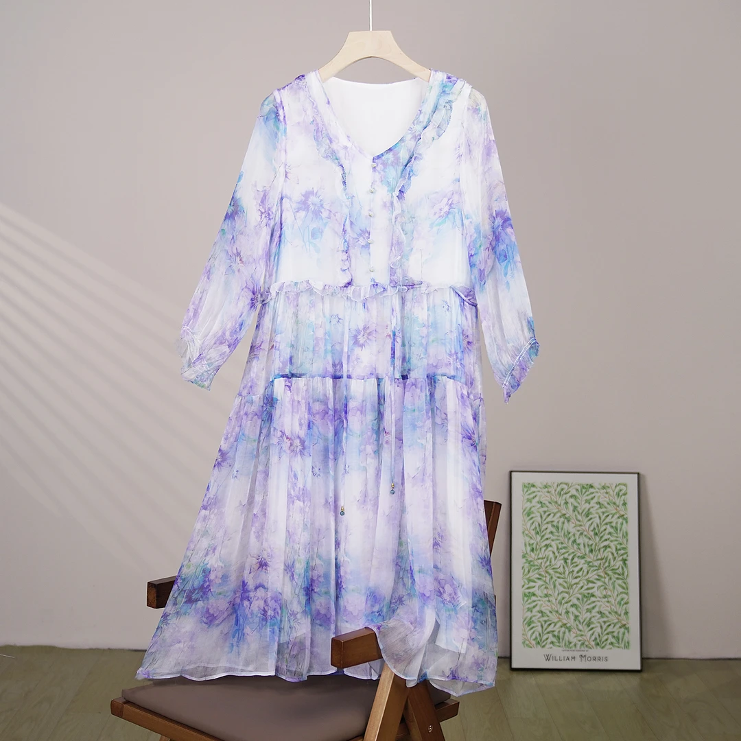 新款桑蚕丝宽松连衣裙仙女裙百搭气质轻奢花色显瘦时尚LW  1274