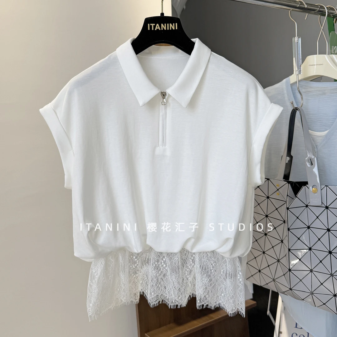 蕾丝拼接POLO领t恤女短袖2025新款宽松别致设计感小众半拉链上衣