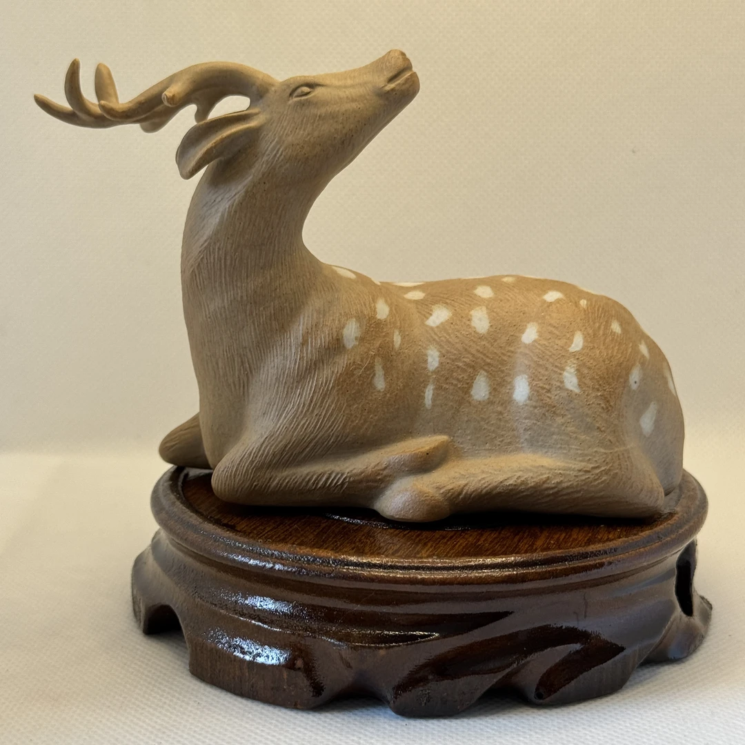 耀州窑粗陶点彩高温原矿泥塑动物可爱中式复古梅花小鹿摆件茶宠