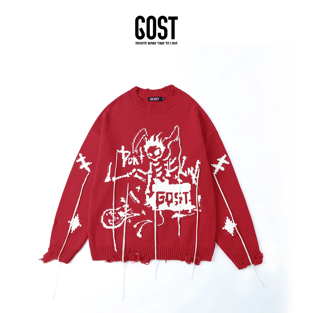 GOST【秋冬新品】原创潮流时尚百搭休闲朋克骷髅乐队流苏破边毛衣