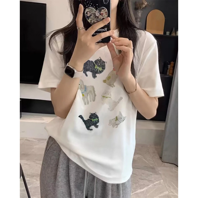 独特个性印花时尚短袖T恤女夏季2025纯棉休闲百搭打底ins白色上衣