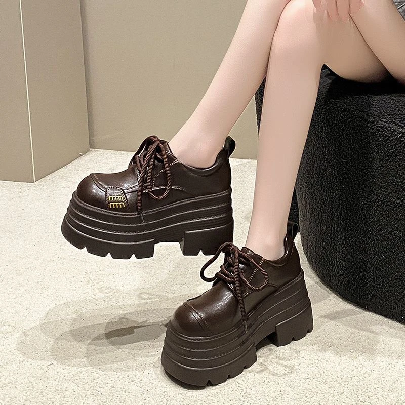 10cm坡跟乐福鞋女2025新款春秋松糕鞋系带圆头单鞋爆款大头小皮鞋