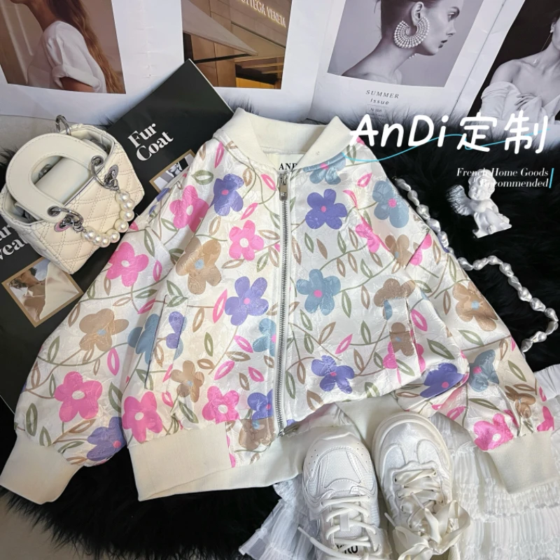 〖ANDI〗订制春季新款女童彩色花朵时尚洋气棒球服外套3524
