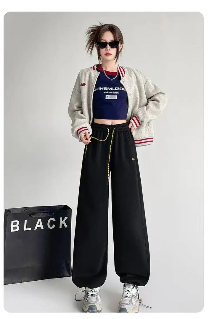 春季时尚休闲风松紧高腰女卫裤休闲裤百搭宽松拖地显瘦垂感长裤