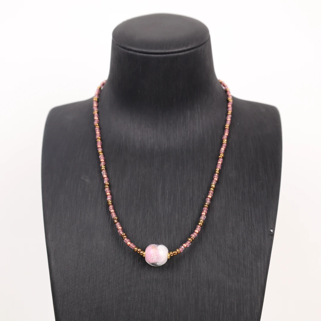 合金项链 LZ2389 粉色雪花花珠单珠金红料进口小米珠琉璃项链