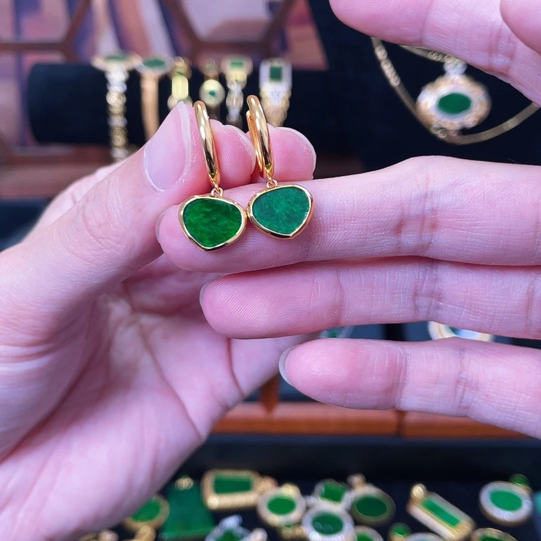 翡翠银S925镀金镶嵌耳饰