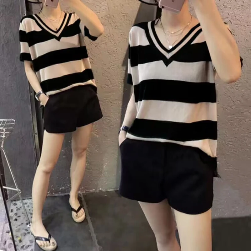 欧美时尚洋气休闲套装女夏装胖mm藏肉宽松大码短袖T恤短裤两件套