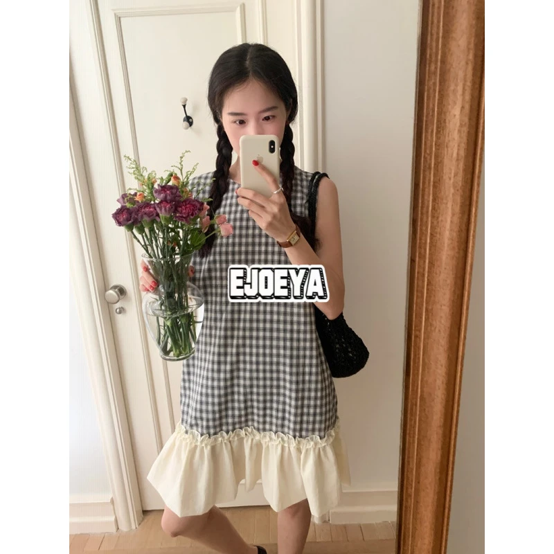 EJOEYA韩系小清新俏皮减龄格子撞色花苞背心甜美连衣裙裙子