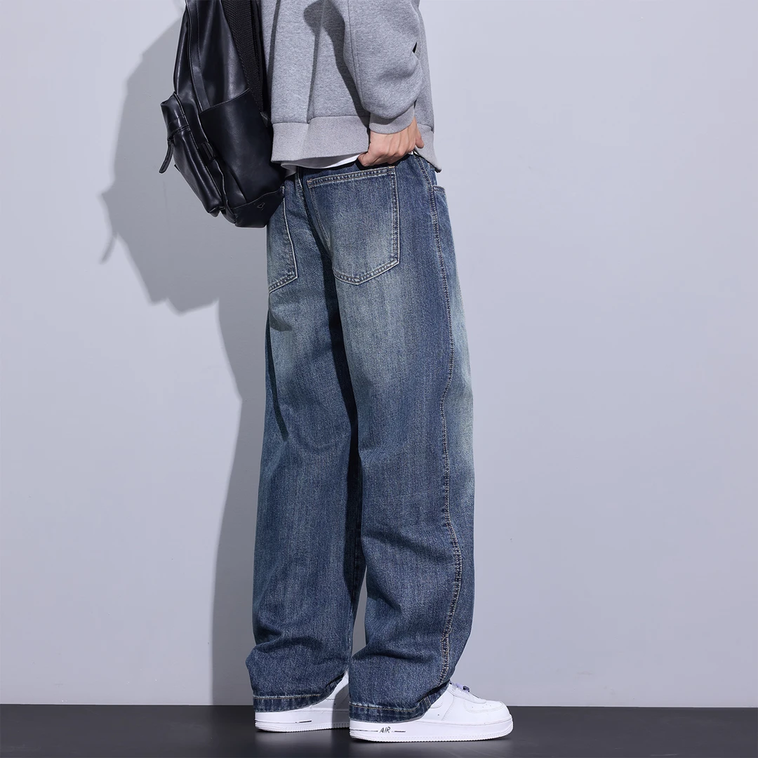 Kuvine秋季美式复古水洗做旧牛仔裤男款宽松休闲百搭拼接弯刀长裤