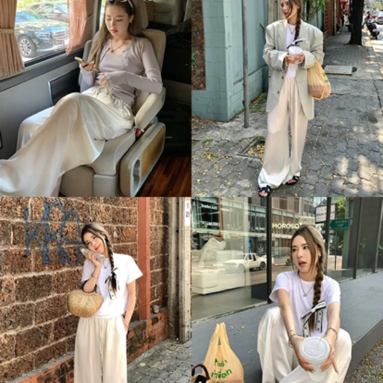进口三醋酸高端时尚新品垂感松紧腰细带直筒裤阔腿裤女
