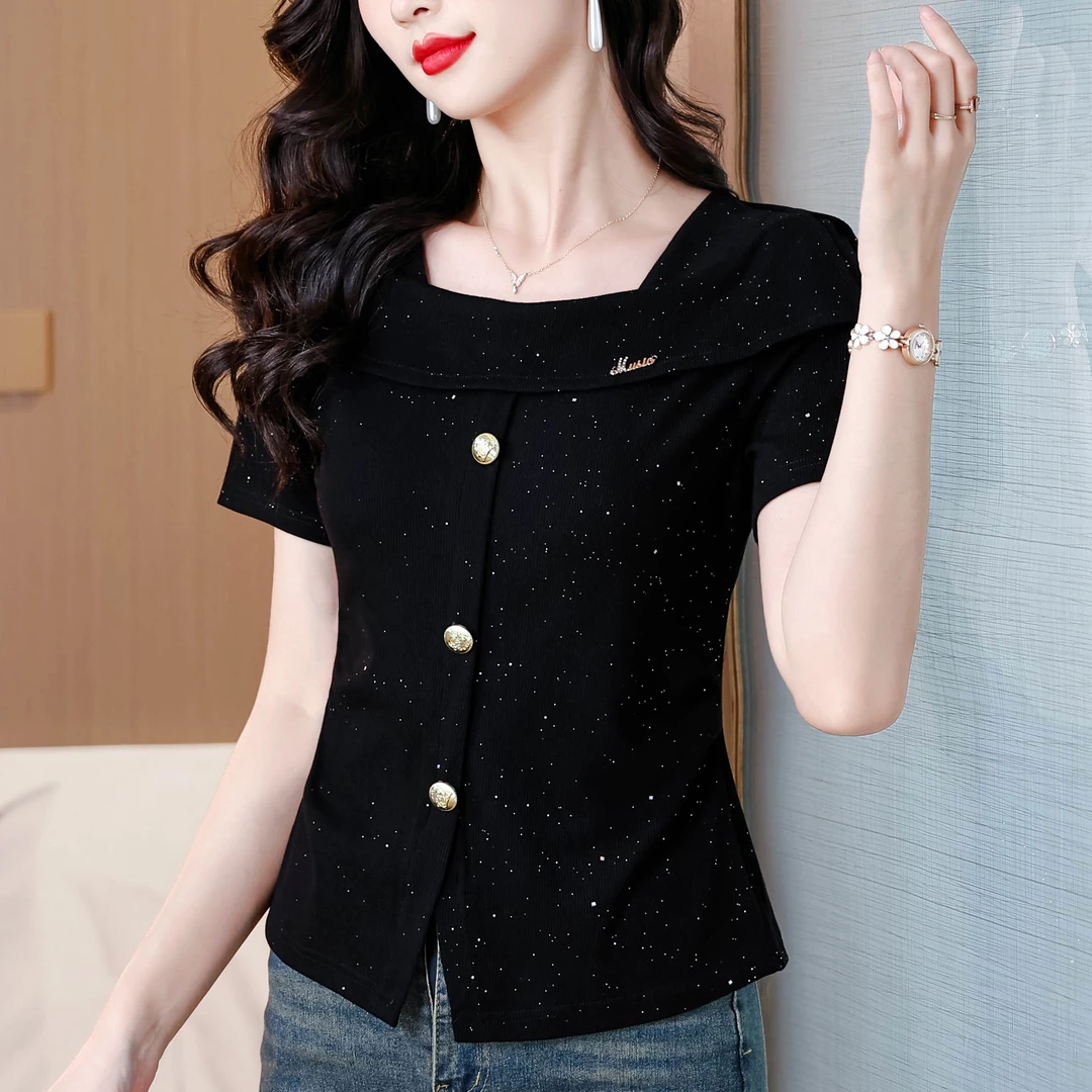 时尚气质遮肚方领亮片T恤女春季新款洋气时尚显瘦百搭设计感上衣