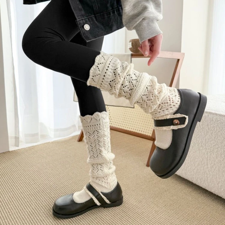 冬季复古镂空粗针织含羊毛小腿袜网眼堆堆袜子女长筒袜搭配靴子