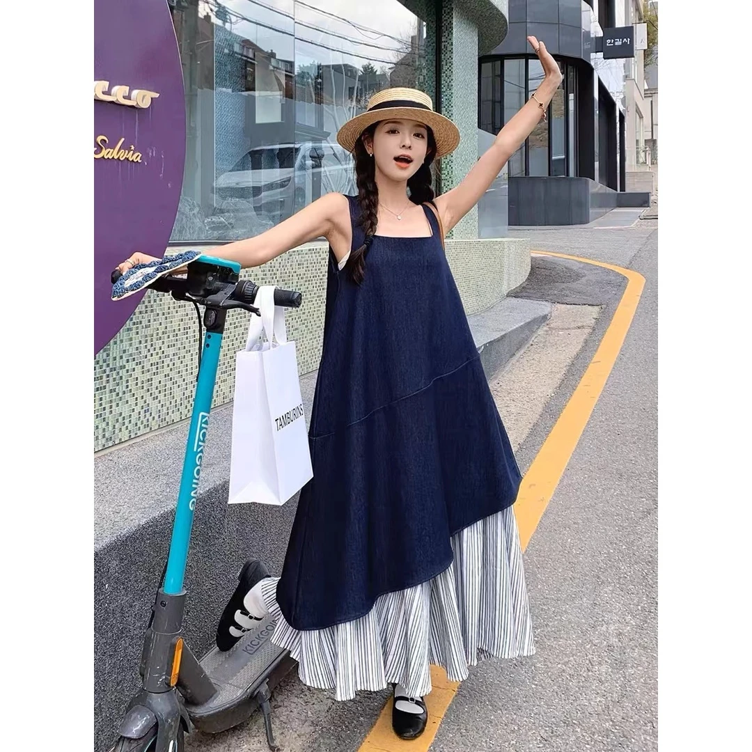 设计感条纹拼接连衣裙夏季超好看假两件不规则吊带长裙0002