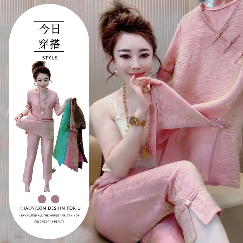 夏季中国风套装2025新款女装短袖上衣+侧盘扣直筒八分裤显瘦套装