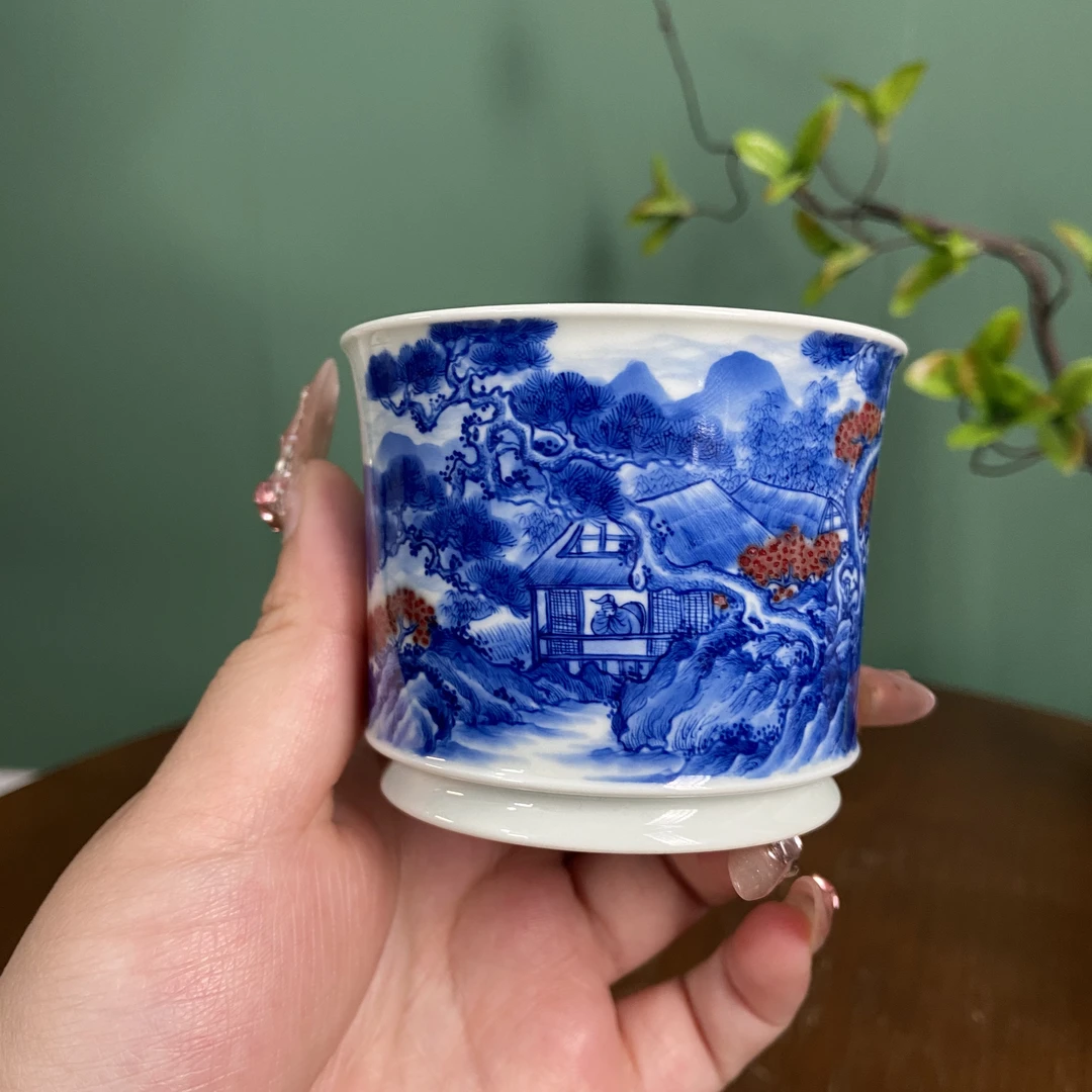【望月御品】万仙草堂图釉里红山水直口杯  手工手绘  景德镇茶具