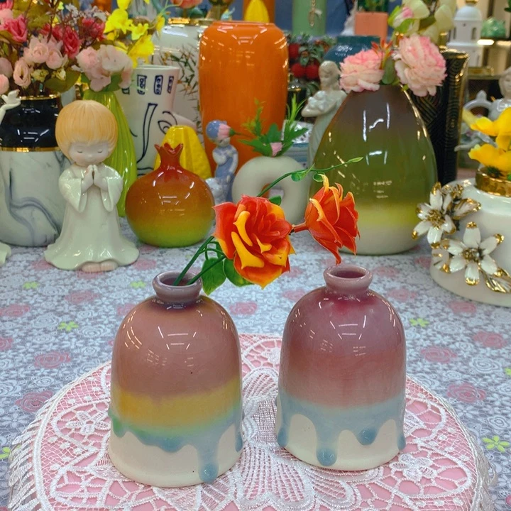 冰裂釉渐变粉紫流釉小花瓶一对儿（2个）
