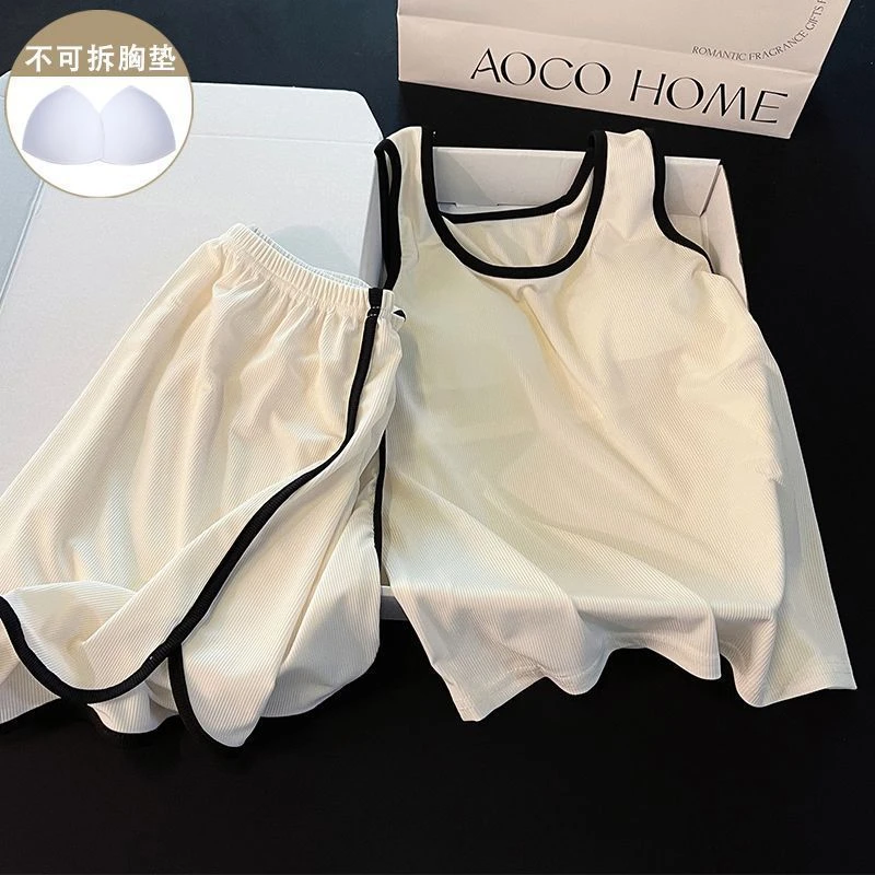 夏季新款拼色背心睡衣女薄款冰丝螺纹带胸垫吊带家居服套装可外穿