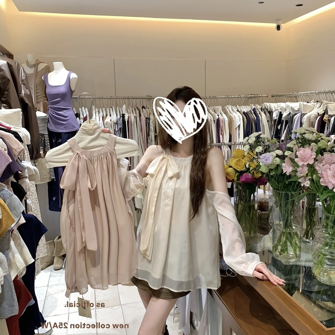 绑带蝴蝶结挂脖衬衫女春秋2025新款宽松遮肉气质露肩雪纺小衫上衣