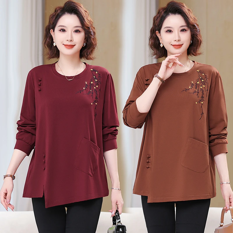 胖妈妈加肥加大码T恤中老年女装长袖上衣新款230斤可穿纯棉打底衫