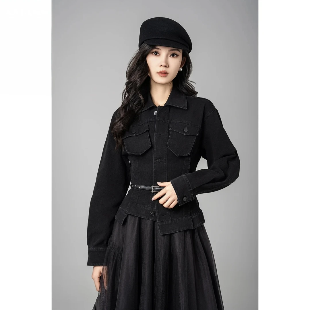 【阿玛施AMASS】心宽气质复古短款休闲牛仔外套5400759秋季春秋黑色