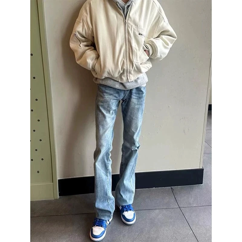 美式高街浅蓝色牛仔裤男款春秋新款vibe裤子修身直筒弹力微喇叭裤