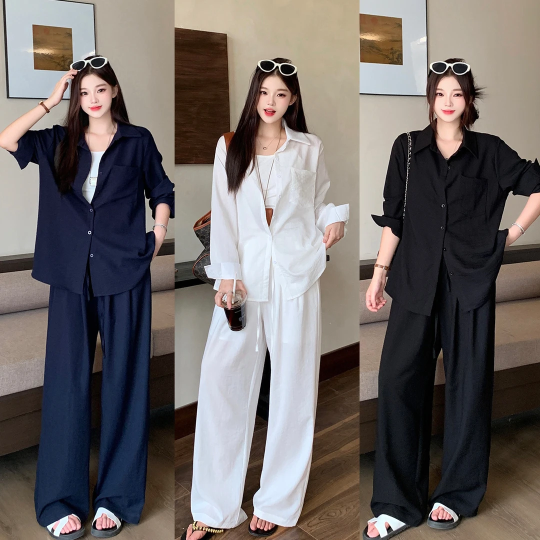 2025年大码女装老钱风慵懒防晒套装衬衣阔腿裤两件套3351