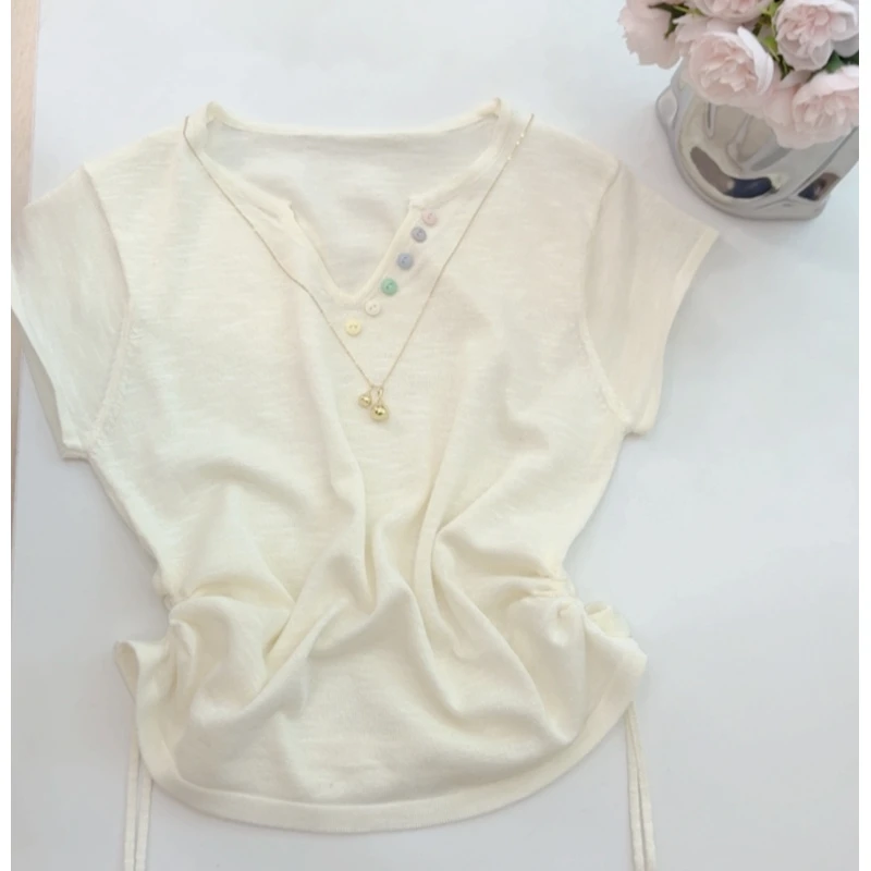 杏色V领减龄复古短袖t恤女夏季新款薄款冰丝抽绳褶皱收腰显瘦上衣