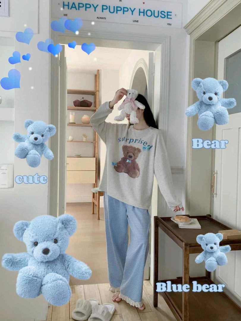 卡通蝴蝶结小熊印花睡衣夏季韩版ins甜美少女心休闲长款家居服