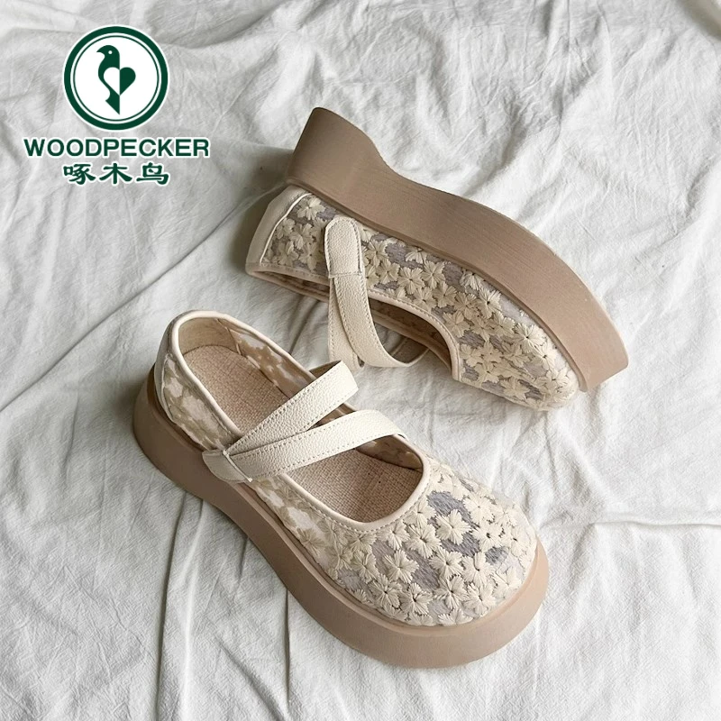 啄木鸟厚底玛丽珍女单鞋2025年春夏季透气网纱魔术贴头松糕凉鞋女
