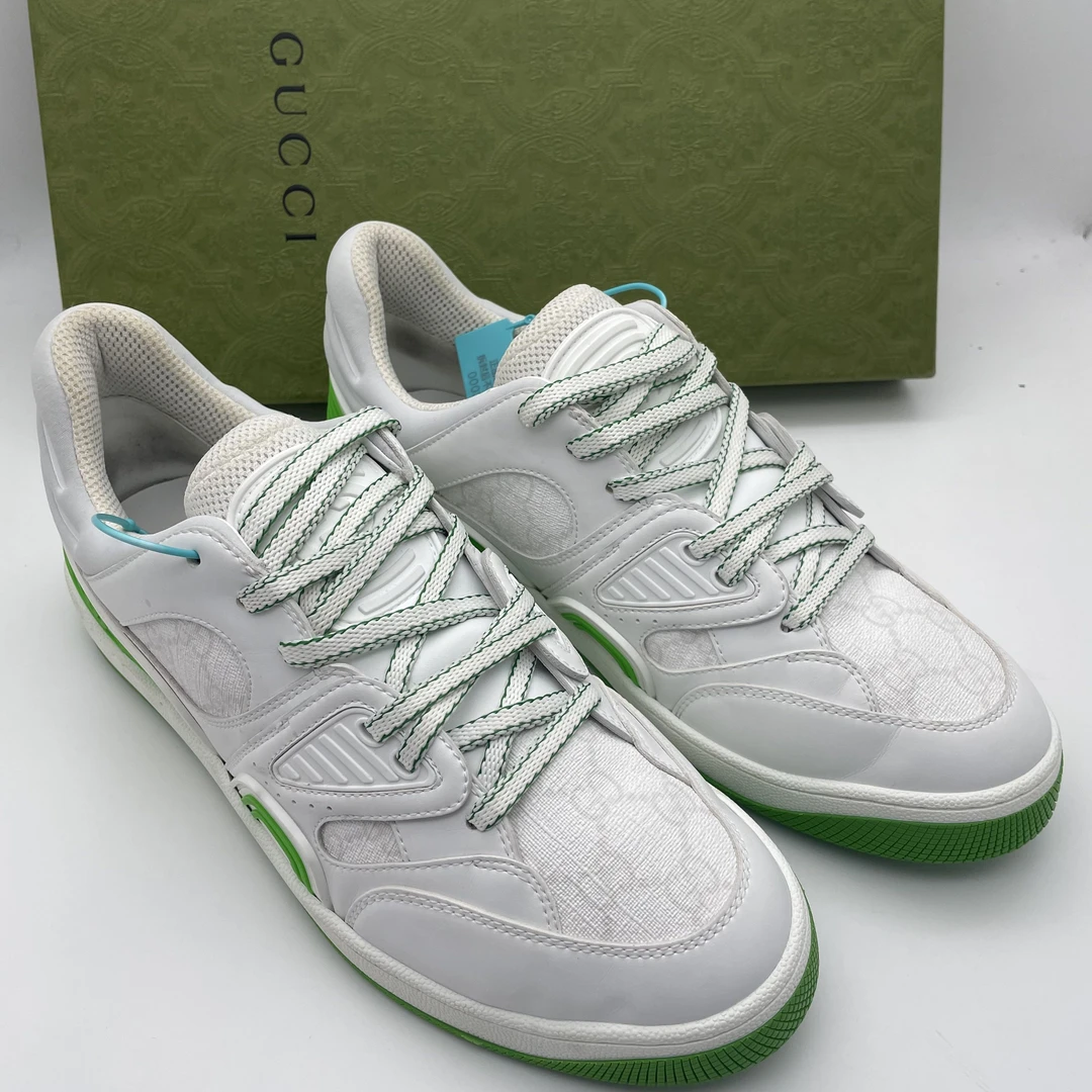 99新 GUCCI/古驰 41.5/39欧码/白绿拼色双G印花休闲时尚板鞋