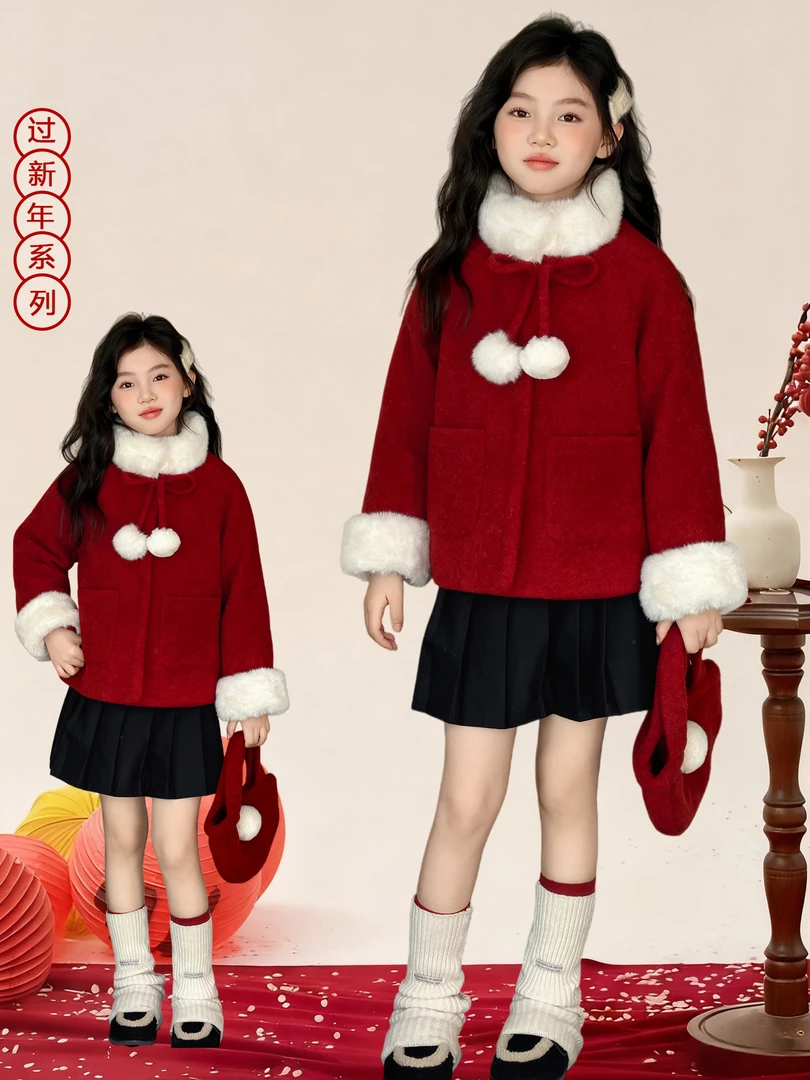 MK&DK女童红色外套2025新款大童冬季加厚呢大衣儿童女孩过年上衣