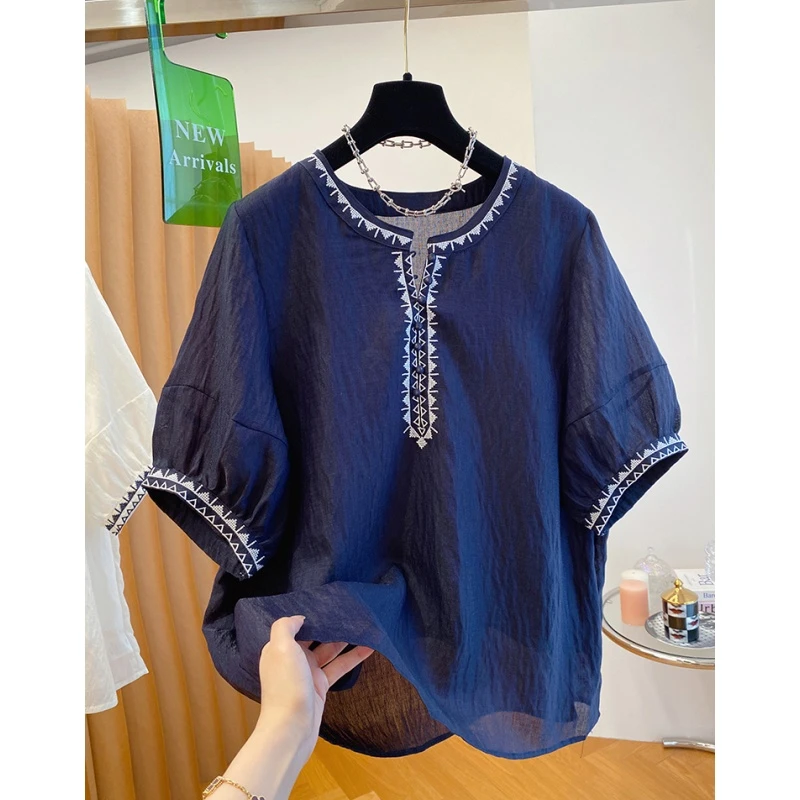 波西米亚民族风刺绣衬衫女短袖宽松薄款圆领小衫娃娃衫上衣夏季新