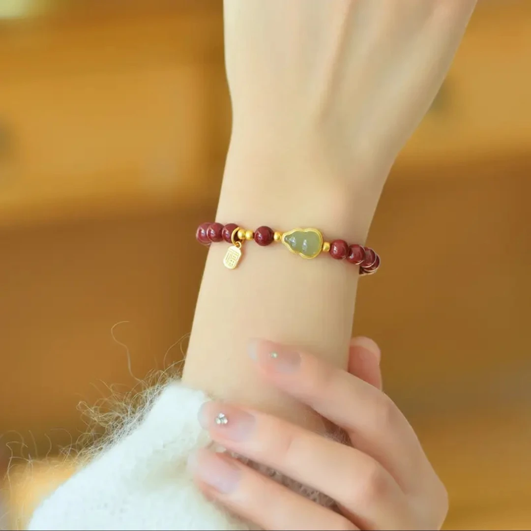 天然辰砂0109红单圈葫芦福牌 精品手串xk0109（无礼盒）