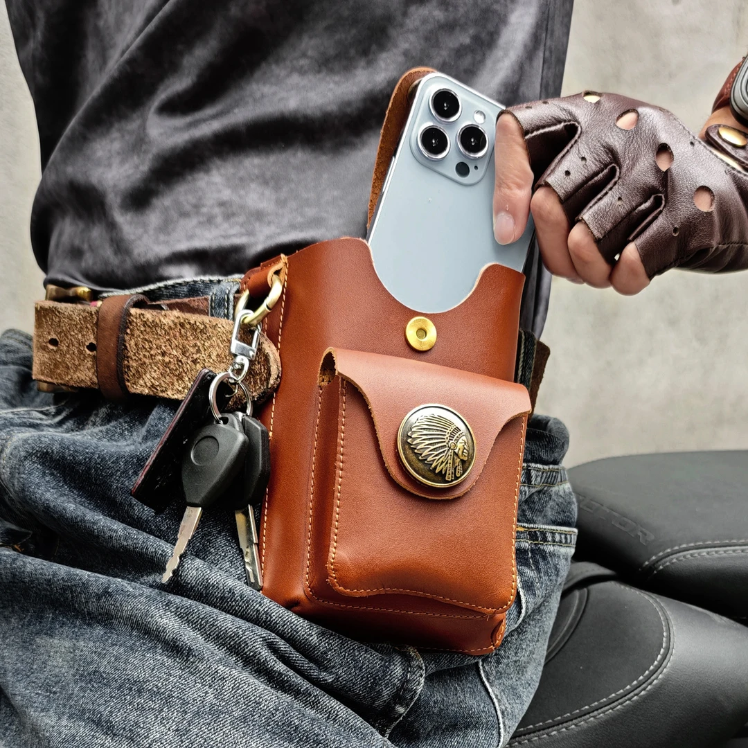 复古头层牛皮腰包多功能户外双手机包穿腰带收纳包疯马皮钓鱼运动