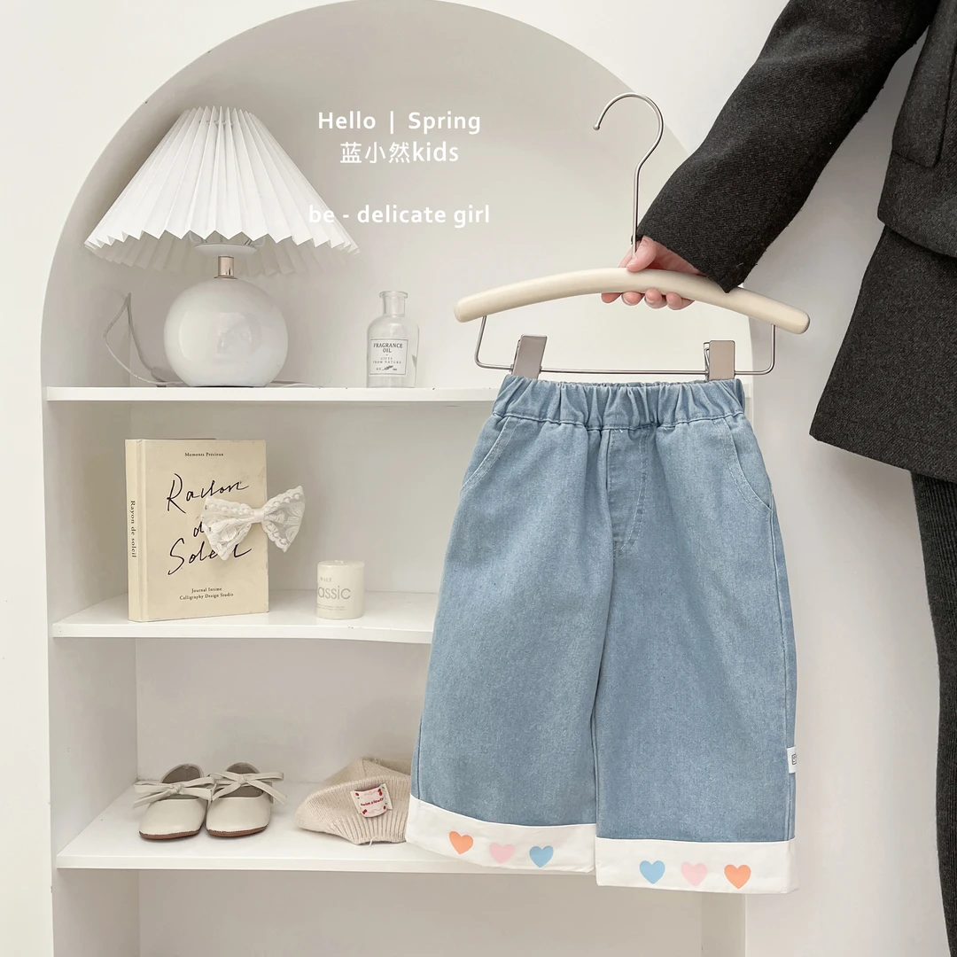 K25C101春款女童宝宝爱心牛仔裤洋气韩版宽松直筒裤长款阔腿裤