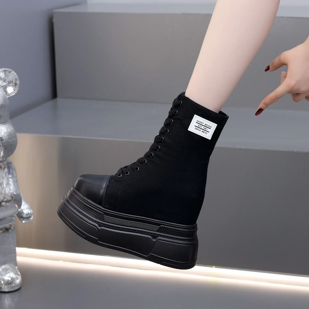 14CM隐形增高鞋厚底鞋春秋新款女士高帮鞋小个子经典百搭帆布女鞋