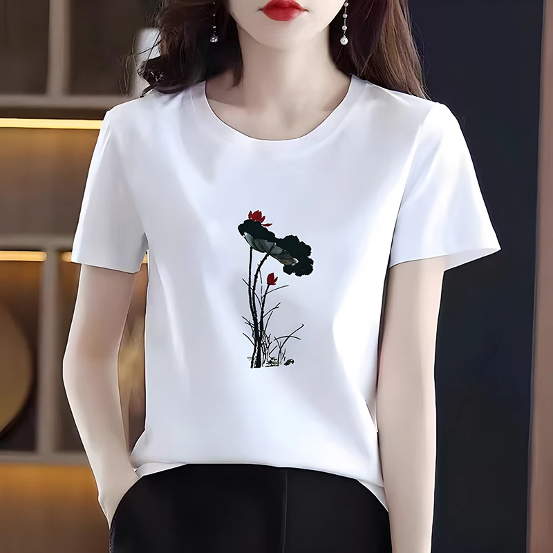 纯棉短袖t恤女夏季圆领白色半袖时尚百搭宽松显瘦韩版印花体恤潮