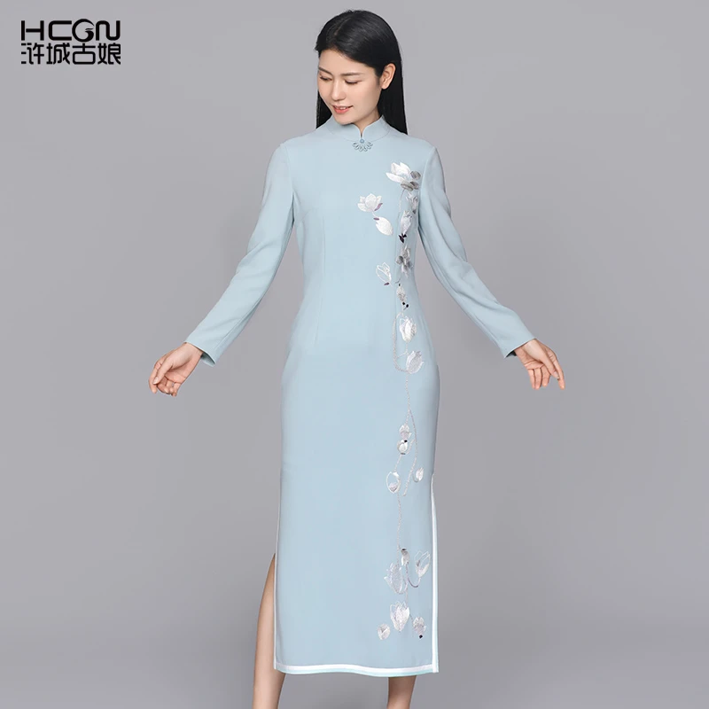 醋酸新中式薄荷曼波精致刺绣修身盘扣清凉气质兰心连衣裙CMT17779