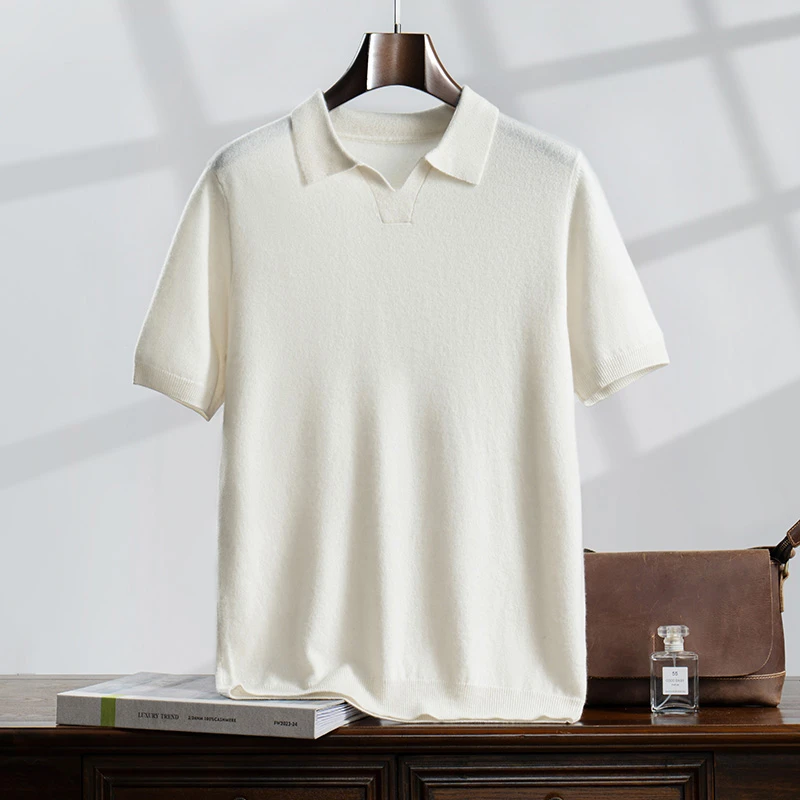 100%纯羊绒海鸥领男士山羊绒百搭t恤半袖针织polo衫春秋休闲时尚