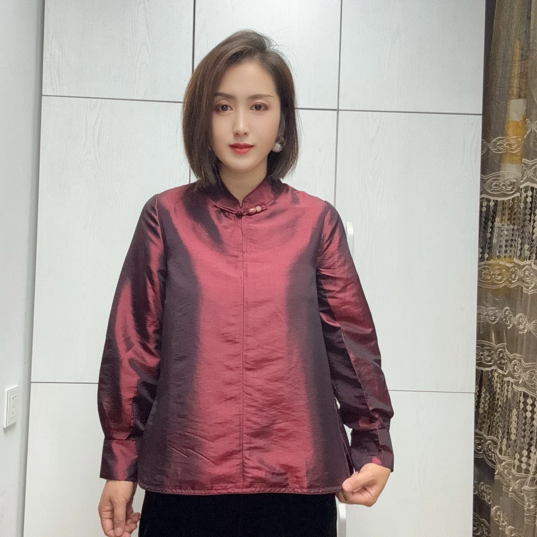 新中式人丝浮光琉璃丝缎国风复古盘扣立领百搭气质上衣
