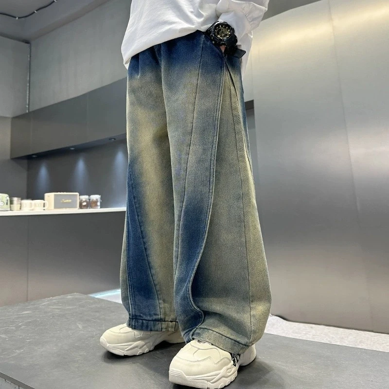男童牛仔裤子春秋款2025新款大童春季男孩春装儿童痞帅渐变直筒裤